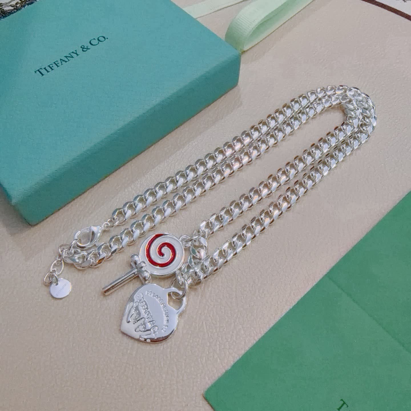 Tiffany & Co. Silver Chain Necklace with Lollipop and Heart Charms